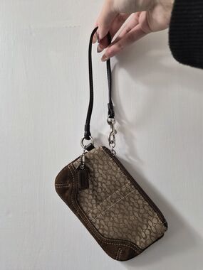 Coach Tan and Dark Brown Signature Canvas Wristlet